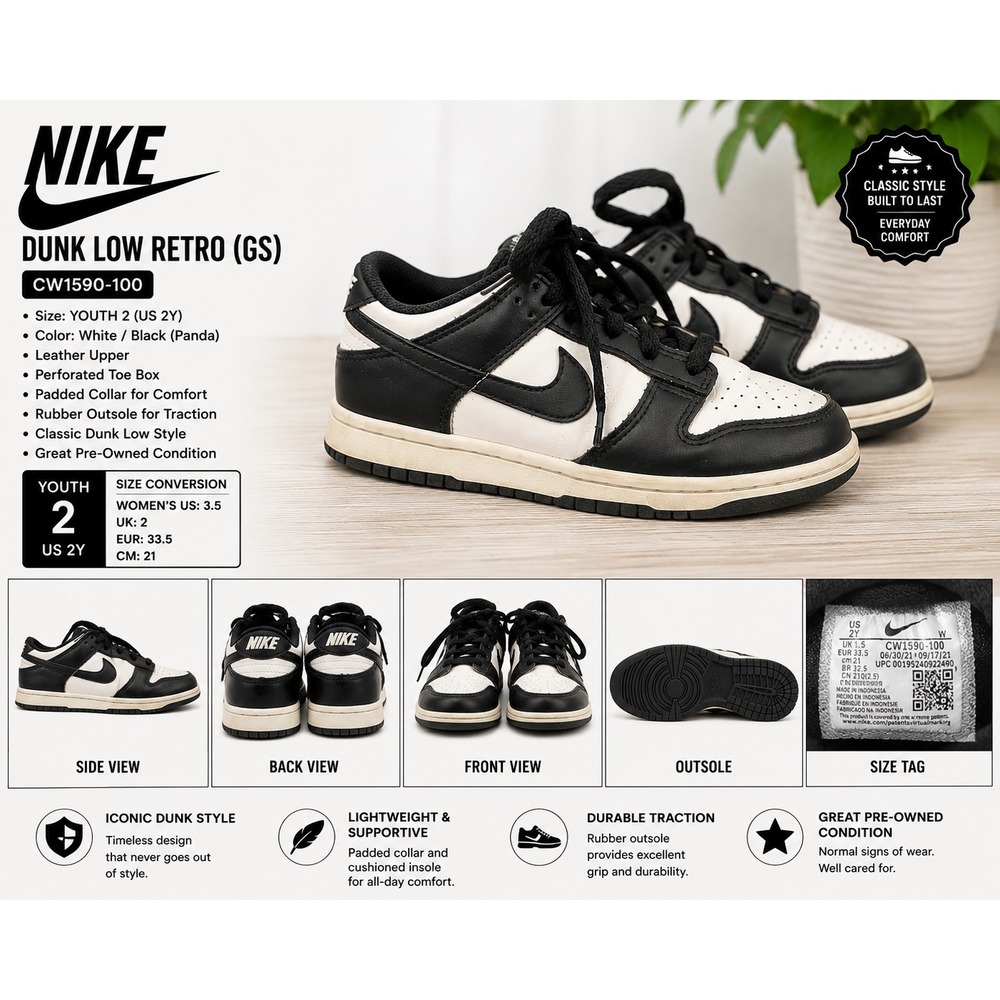 Nike Dunk Low Retro GS Panda White Black CW1590-100 Kids Youth Size 2Y Sneakers